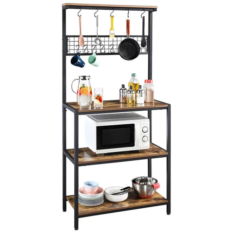 Alden Design 67" Wooden Kitchen Bakers Rack with 4 Storage Shelves & 10 Hooks Rustic Brown | Pantryway