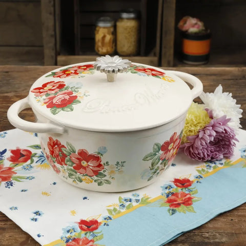 The Pioneer Woman Timeless Beauty Vintage Floral Enameled Cast Iron 3-Quart w/Lid