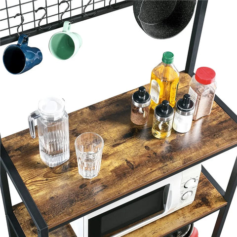 Alden Design 67" Wooden Kitchen Bakers Rack with 4 Storage Shelves & 10 Hooks Rustic Brown