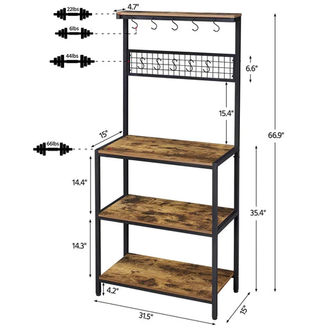 Alden Design 67" Wooden Kitchen Bakers Rack with 4 Storage Shelves & 10 Hooks Rustic Brown