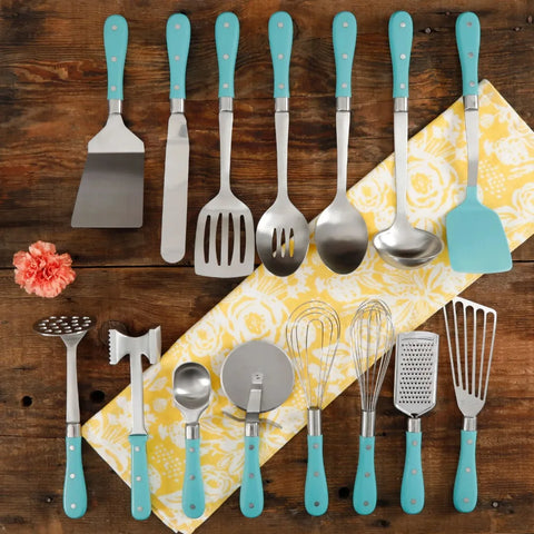 The Pioneer Woman 15 Pc Frontier Teal Blue Kitchen Tool Utensil Kitchen Set