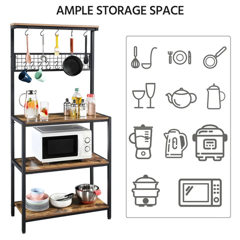 Alden Design 67" Wooden Kitchen Bakers Rack with 4 Storage Shelves & 10 Hooks Rustic Brown