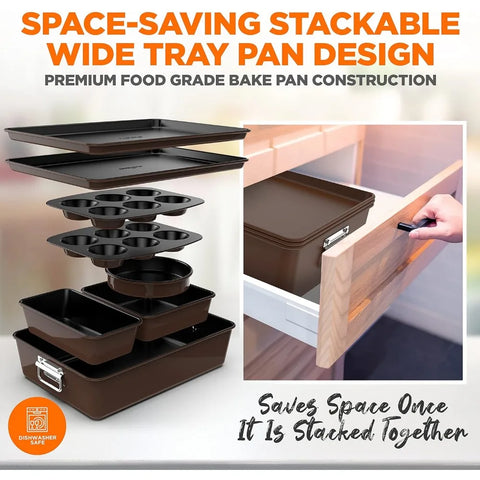 NutriChef Carbon Steel Nonstick Stackable 8 -Piece Baking Set Brown