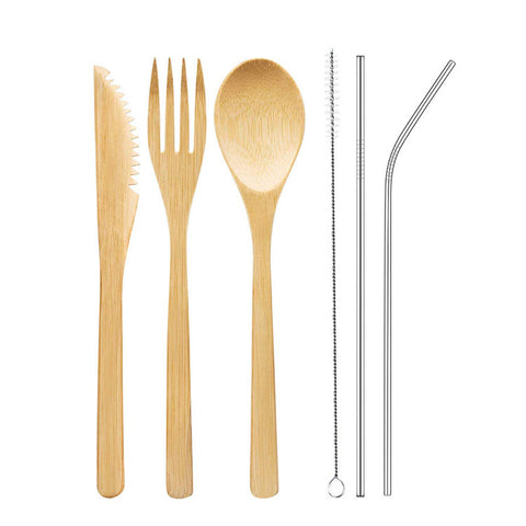 Portable Travel Bamboo Cutlery Set With Stainless Steel Straw