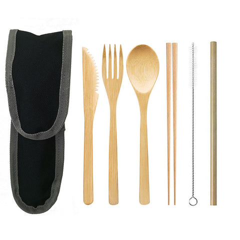 Portable Travel Bamboo Cutlery Set With Stainless Steel Straw