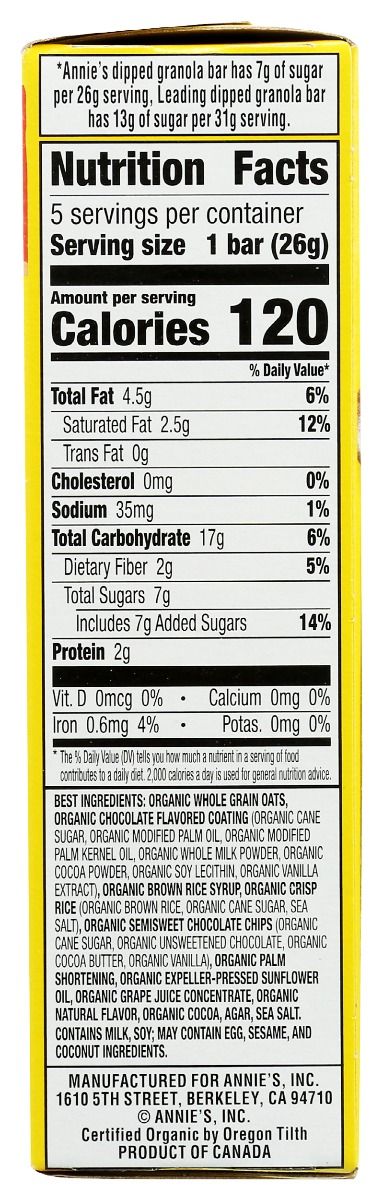 Annie's Homegrown Organic Dipped Granola Bars Chocolate Chip - 5Pk/4.6 oz