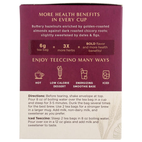 Teeccino Tea Chicory Medium Roast Caffeine Free Roasted Herbal Tea Hazelnut - 10 Tea Bags