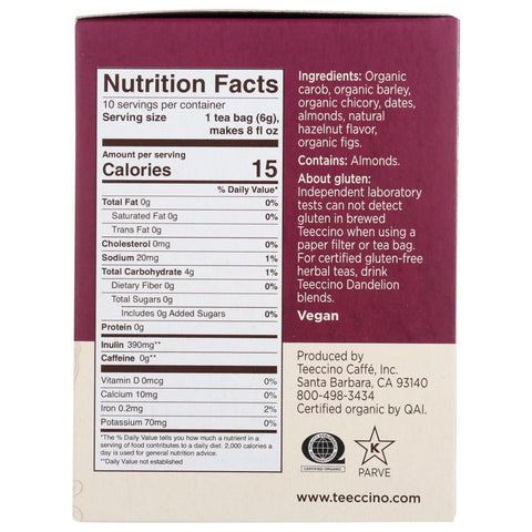 Teeccino Tea Chicory Medium Roast Caffeine Free Roasted Herbal Tea Hazelnut - 10 Tea Bags