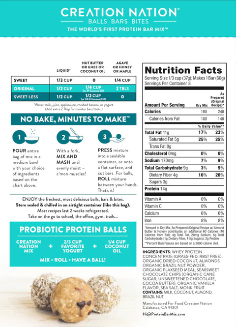Creation Nation No Bake Protein Bar Mix Whey Hip Chocolate Chip - 10.5 oz