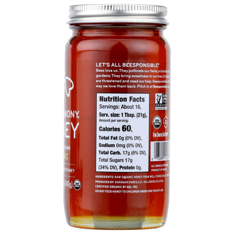 Bee Harmony Honey Eucalyptus Raw Organic- 12 oz