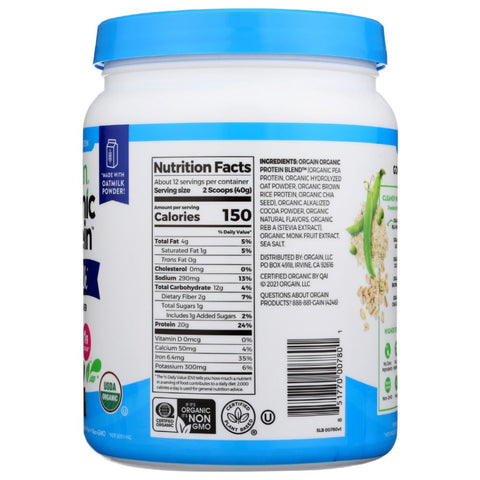 Orgain Organic Plant Based Protein Oatmilk Protein Powder Chocolate -16.9 oz