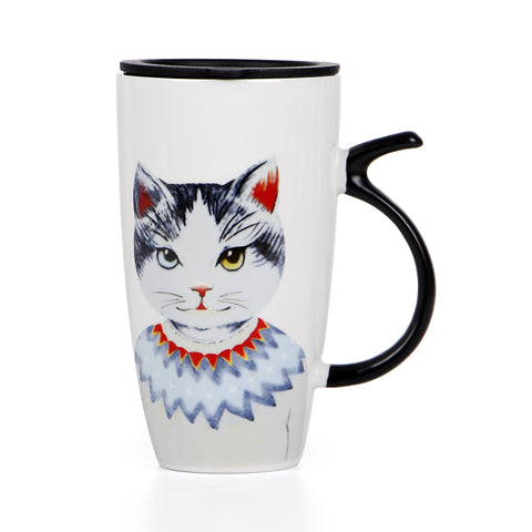 Funny Cat Ceramic Mug With Lid and Stirring Spoon