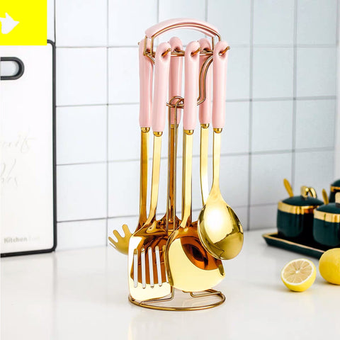 Stainless Steel Gold Kitchen Utensil 7 Pc Set