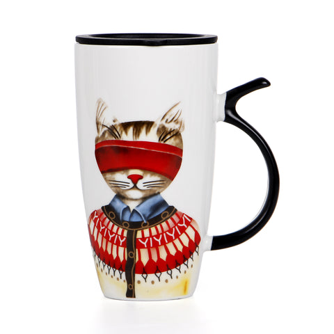 Funny Cat Ceramic Mug With Lid and Stirring Spoon