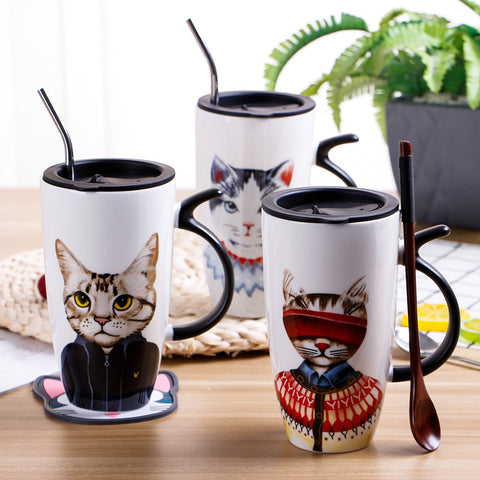 Funny Cat Ceramic Mug With Lid and Stirring Spoon | Pantryway