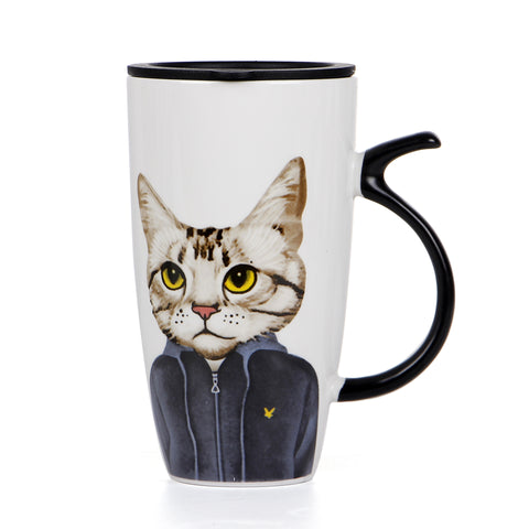 Funny Cat Ceramic Mug With Lid and Stirring Spoon