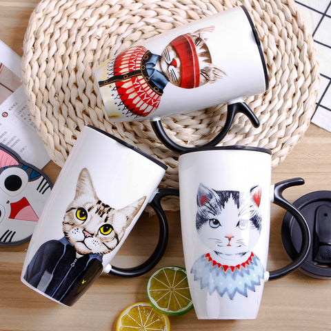 Funny Cat Ceramic Mug With Lid and Stirring Spoon