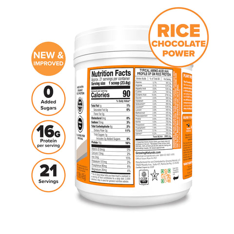 Growing Naturals Organic Brown Rice Protein Chocolate Power - 16.8 oz