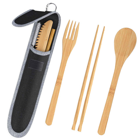 Portable Travel Bamboo Cutlery Set With Stainless Steel Straw