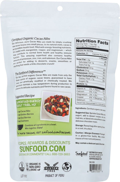 SunFood SuperFood Organic Cacao Nibs - 8 oz