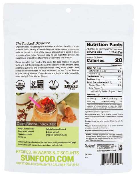 SunFood SuperFoods Organic Cacao Powder - 8 oz