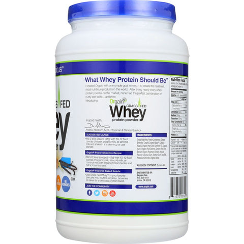 Orgain Grass Fed Whey Protein Powder Vanilla Bean - 1.82 lb
