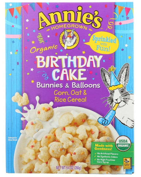 Annie's Homegrown Organic Birthday Cake Bunnies & Balloons Rice Cereal - 9.4 oz | Pantryway