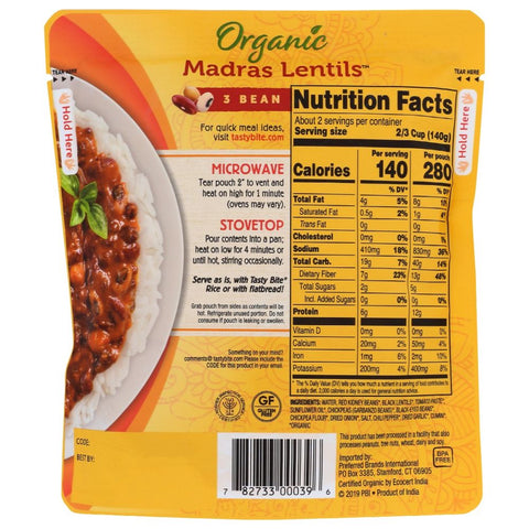 Tasty Bite Organic Indian Madras Lentils 3 Bean - 10 oz